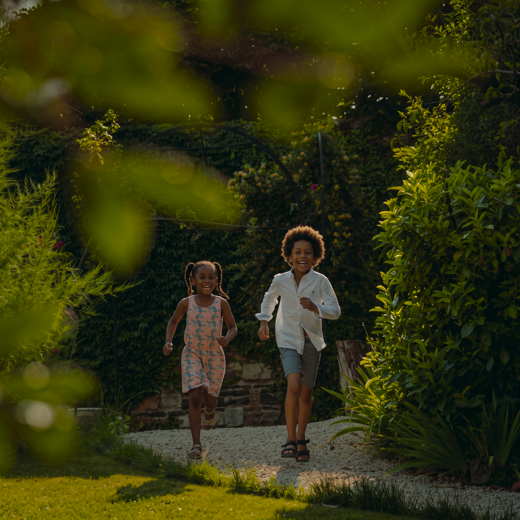 Two children running in a garden