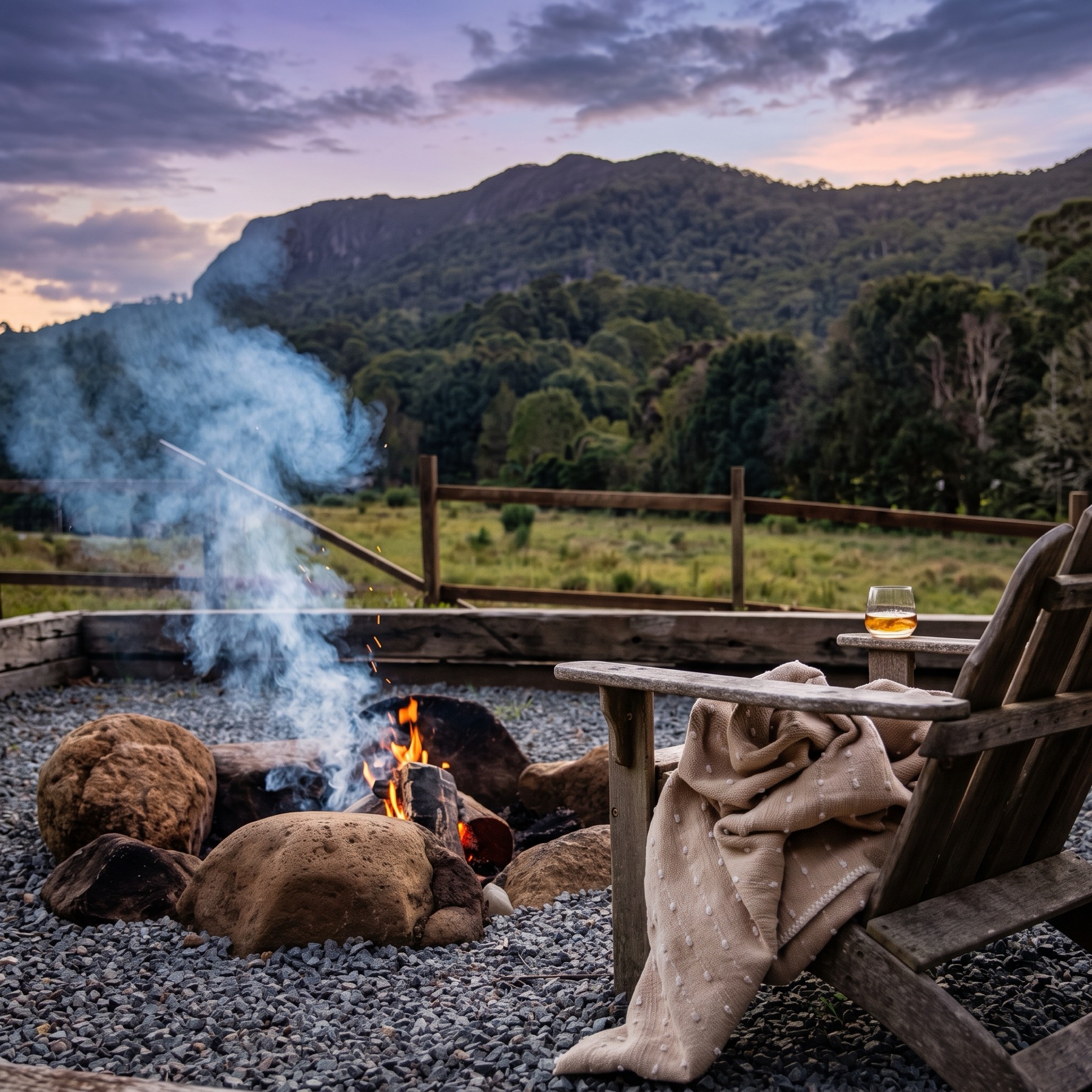 A stone fire pit overlooking rolling green hills and mountain ranges at dusk